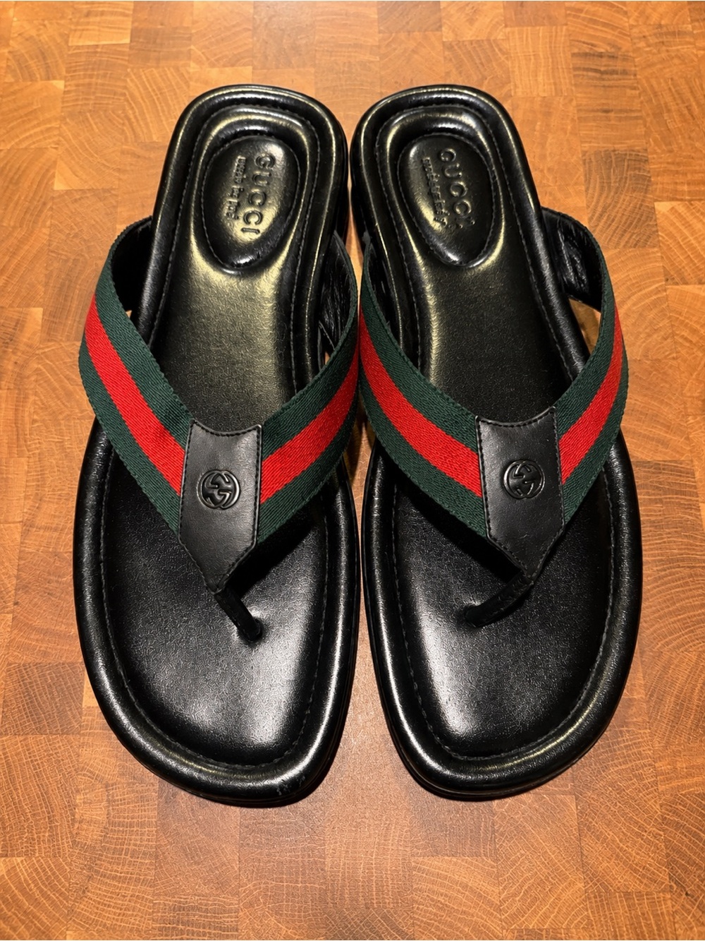 Gucci Men’s Web Stripe Leather Flip Sandals Black/Green/Red Size 11 - Picture 2 of 5